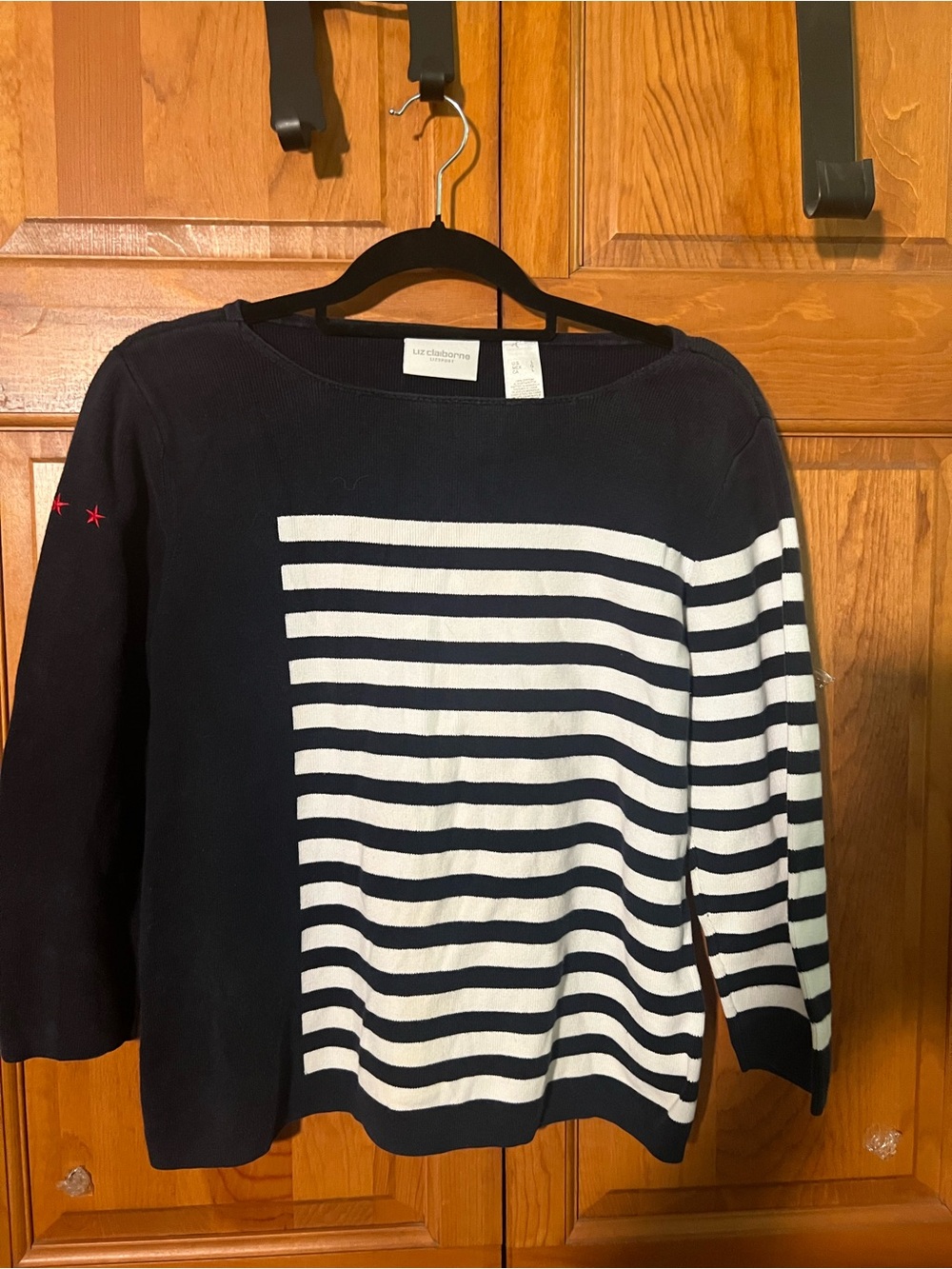 Liz Claiborne Navy & White Striped Boatneck Sweater with Star Detail